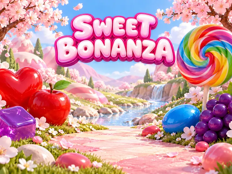 Kiraz ağaçları ve şeker tepeleri arasında Sweet Bonanza yazısı ve oyunun sembolleri