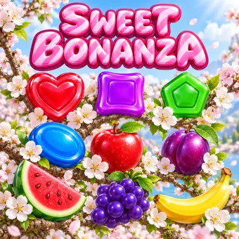 Sweet Bonanza yazısı ve kiraz dallarının arasında duran şeker ve meyve sembolleri